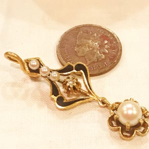 Victorian 14K yellow gold black enamel, diamond, & pearls drop necklace pendant 14k gold diamond pearl Pendant