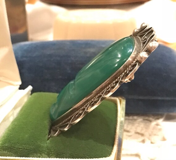 Massive Sterling Silver Carved Green Onyx Aztec M… - image 4