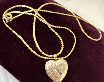 Vintage 14K Gold Filled Etched Heart Locket Necklace, 16.5" inch, Princess Pride Creations