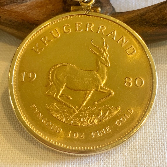 1980 1oz Krugerrand 22K Coin in 14K Gold Bezel and Chain Necklace Vintage South African Gold Coin Pendant Necklace Sale