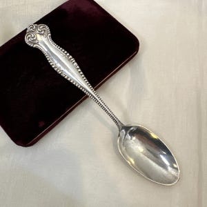 May include: A silver spoon with an ornate handle and a rounded bowl. The handle features a decorative design at the top and is lined with small beaded accents. The spoon rests on a dark burgundy velvet surface.