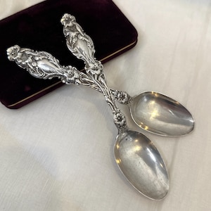 Antique Lily by Whiting Sterling Silver Souvenir Spoons, 2 pc set, 59.2 grams, 5-3/4"
