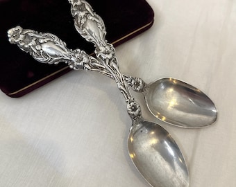 Antique Lily by Whiting Sterling Silver Souvenir Spoons, 2 pc set, 59.2 grams, 5-3/4"