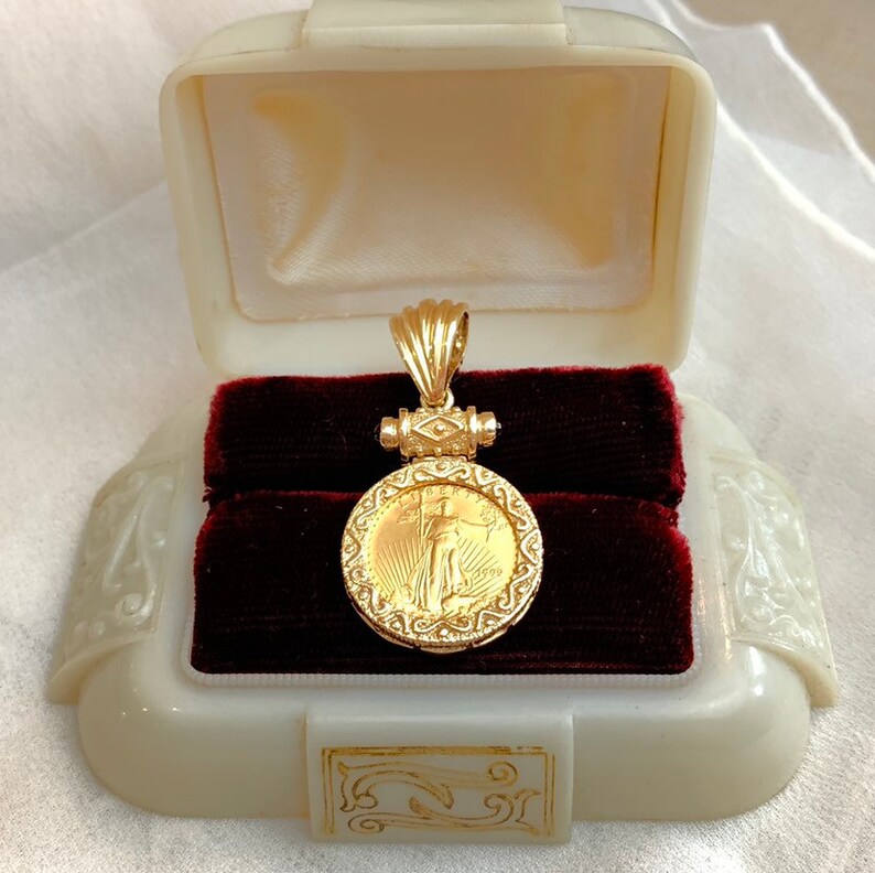 14k Ornate Bezel Set 1999 Walking Liberty 110 0z Gold Coin Pendant Slide 14k 22k American Eagle Coin Necklace Pendant