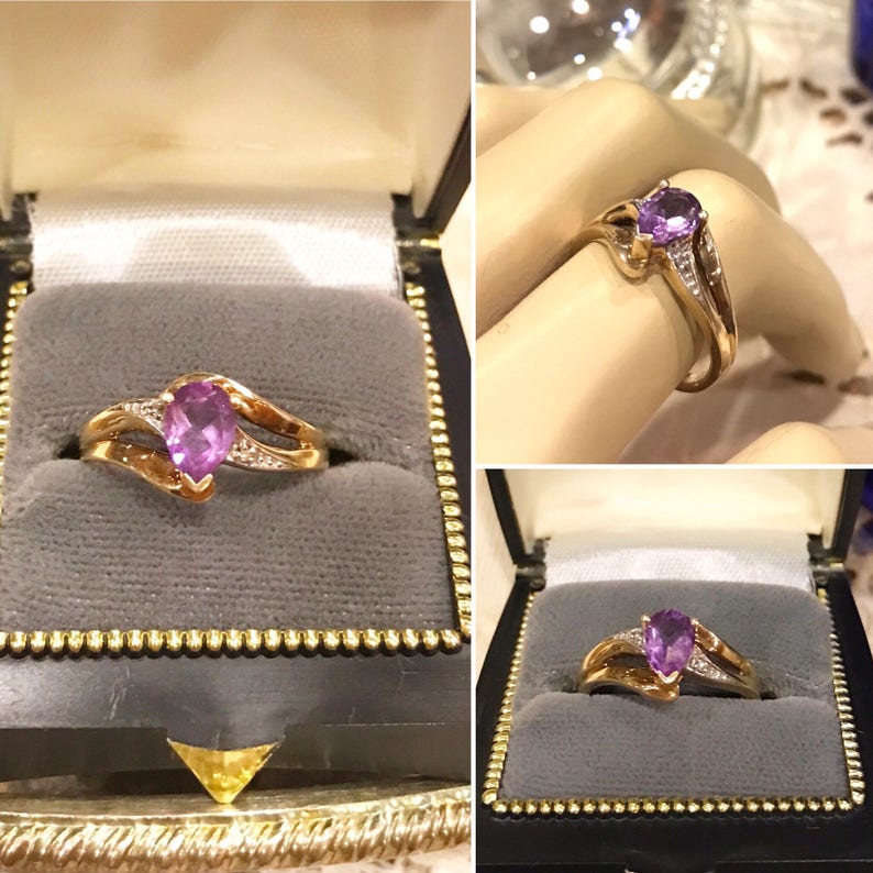 Vintage 10k two tone gold purple Amethyst /& diamond crossover ring Sz 6 10k yellowwhite gold tear drop Amethyst diamond ring stamped AU