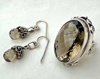 Sterling Silver Smokey Quartz Cocktail Ring & Drop Dangle Earrings Set