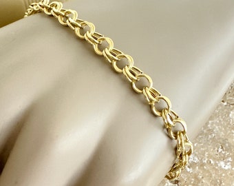 14K Yellow Gold Double Link Curb Bracelet, Bailey Banks Biddle 14K Gold Charm Bracelet, 5.5 grams, 8”inch x 6mm wide