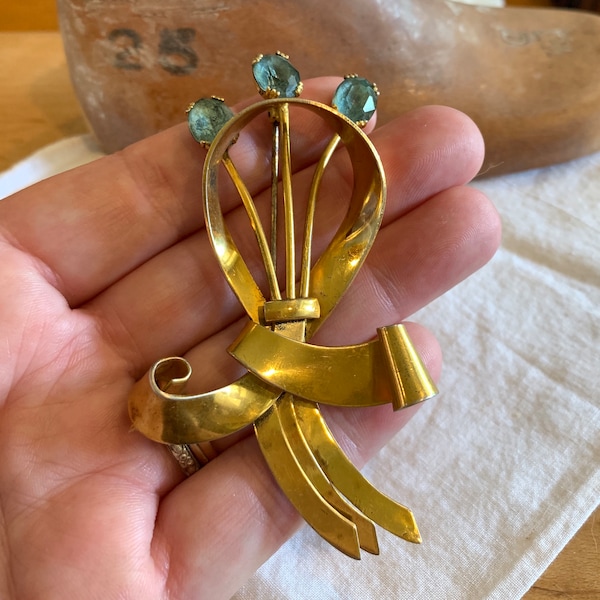 1940’s Corocraft gold over sterling aquamarine brooch, Vintage Sterling Vermeil by Coro Craft floral bow brooch, On Sale