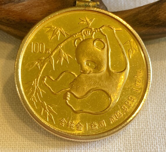 1985 Chinese 1 Oz 24K Gold Panda Coin in 14K Gold Bezel 14K