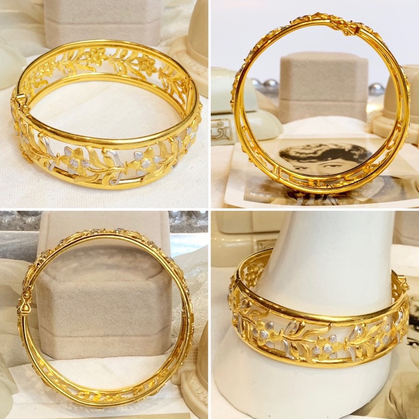 アクセサリー Simple Gold Bangle K10YG 22K Yellow & White Gold Filigree Floral Hinged Bangle