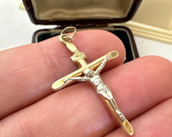 14K Yellow & White Gold Crucifix Necklace Pendant, 14K two tone Gold Crucifix Cross Necklace Pendant