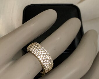 14K Yellow Gold Round Pave’ set Diamonique CZ 5 Row domed Ring, 14K Gold SW Cubic Zirconia Wedding Band Ring,