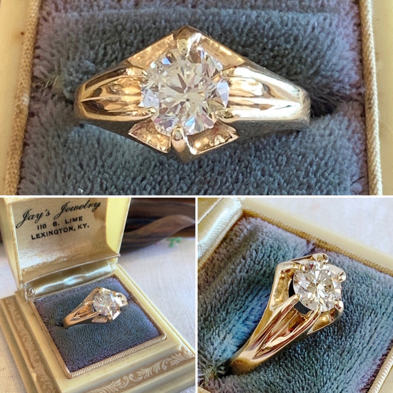 1.50 Ct Old European cut Diamond 10K yellow gold Antique Unisex Solitaire Ring, Victorian 10k Belcher set round Diamond Engagement Ring image 8
