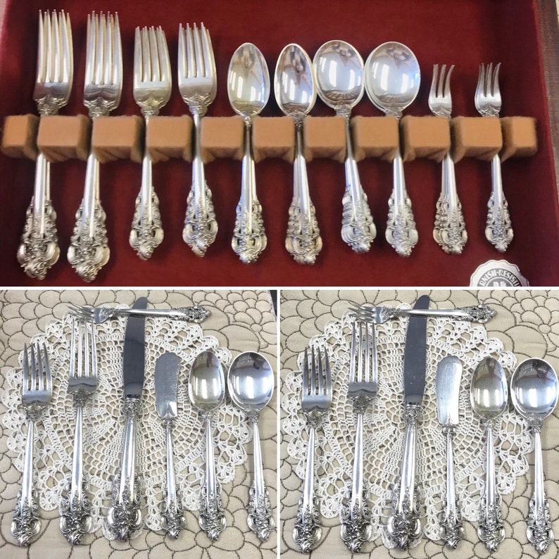 1941 Grande Baroque Pattern By Wallace Sterling Silver Flatware Set Six Person 7 Piece Service 44 Pieces 2 086 Grams