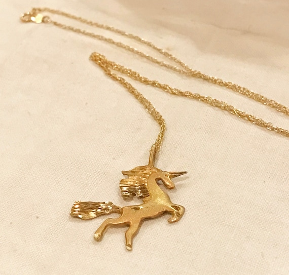 14k Yellow Gold Diamond Cut Satin Finish Unicorn Pendant Necklace