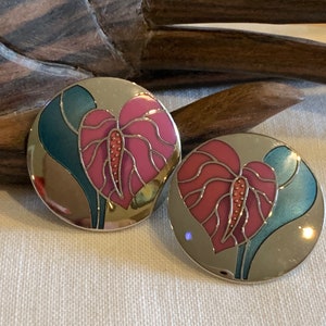 Laurel Burch Anthurium cloisonné flower disc earrings  1980’s-90’s Vintage Laurel Burch round floral enamel earrings