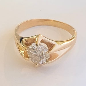 1.50 Ct Old European cut Diamond 10K yellow gold Antique Unisex Solitaire Ring, Victorian 10k Belcher set round Diamond Engagement Ring image 5