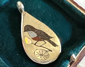 Zuni multi-stone bird & flower Inlay Sterling Silver Necklace Pendant, Rose Breasted Grosbeak Songbird Pendant