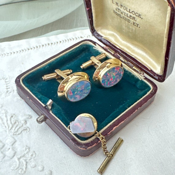 Vintage 9ct Yellow Gold Oval White Opal Cufflinks… - image 10