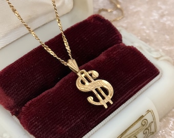 14K Yellow Gold Dollar Sign Pendant Necklace