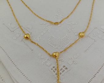 Italian 14K Yellow Gold puffy heart Lariat necklace, 14k yellow gold Y heart chain necklace