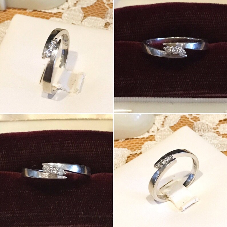 10K White Gold Diamond Trio Crossover Ring 10k White gold 3 round diamond crossover band Modern 10k diamond ring