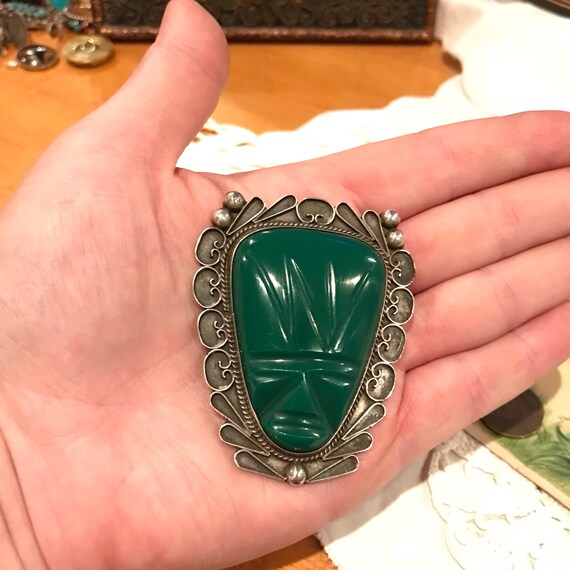 Massive Sterling Silver Carved Green Onyx Aztec M… - image 2