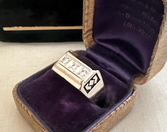 Vintage 10K White Gold three Diamond Signet Ring  15.6 grams