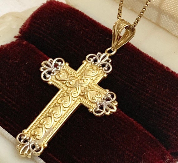 14k ornate filigree 2-tone gold Cross pendant necklac… - Gem
