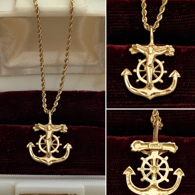 14k yellow gold Anchor Mariner Cross pendant necklace unisex Etsy