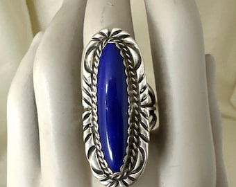 Vintage Artisan Sterling Silver Lapis Lazuli Oblong Ring, Size 8