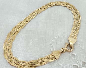 10K yellow gold braided five strand flat Herringbone Bracelet, 10KT Italian yellow gold 5 strand woven bracelet, 6.5” x 5.5mm Wide