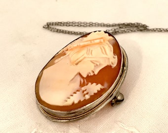 800 Silver Cameo Pendant Brooch & Sterling Silver Necklace Set, Hand Carved Shell Cameo Necklace
