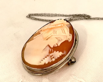 Antique Cameo Brooch Pendant 800 Silver, Sterling Necklace, Hand Carved Shell