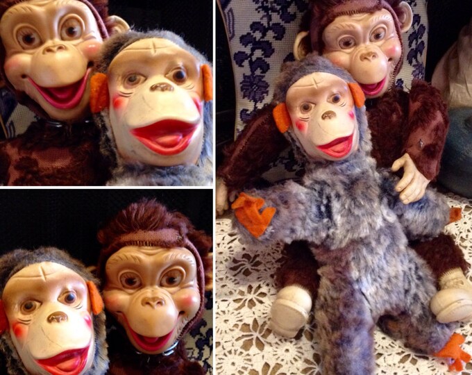 Vintage 60's Plush Monkeys With Rubber Face, Hands, & Boots Two Vintage