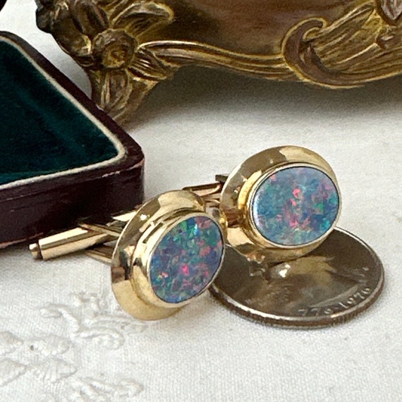 Vintage 9ct Yellow Gold Oval White Opal Cufflinks… - image 2