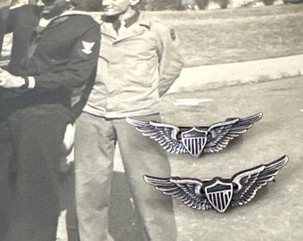 2 Piece Set of U.S. Military Sterling Silver Pilot Wings Lapel Pin Badges, Cto