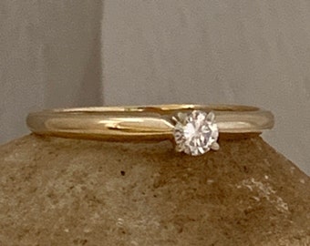 Classic 14K Yellow Gold Diamond Solitaire Engagement Ring, Vintage 14k Two Tone Gold high mount round diamond Ring