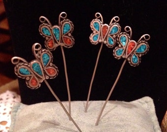 Sterling Silver Turquoise & Coral Mosaic Inlay Butterfly Pins, Hair, Hat, Scarf, Lapel Stick Pins