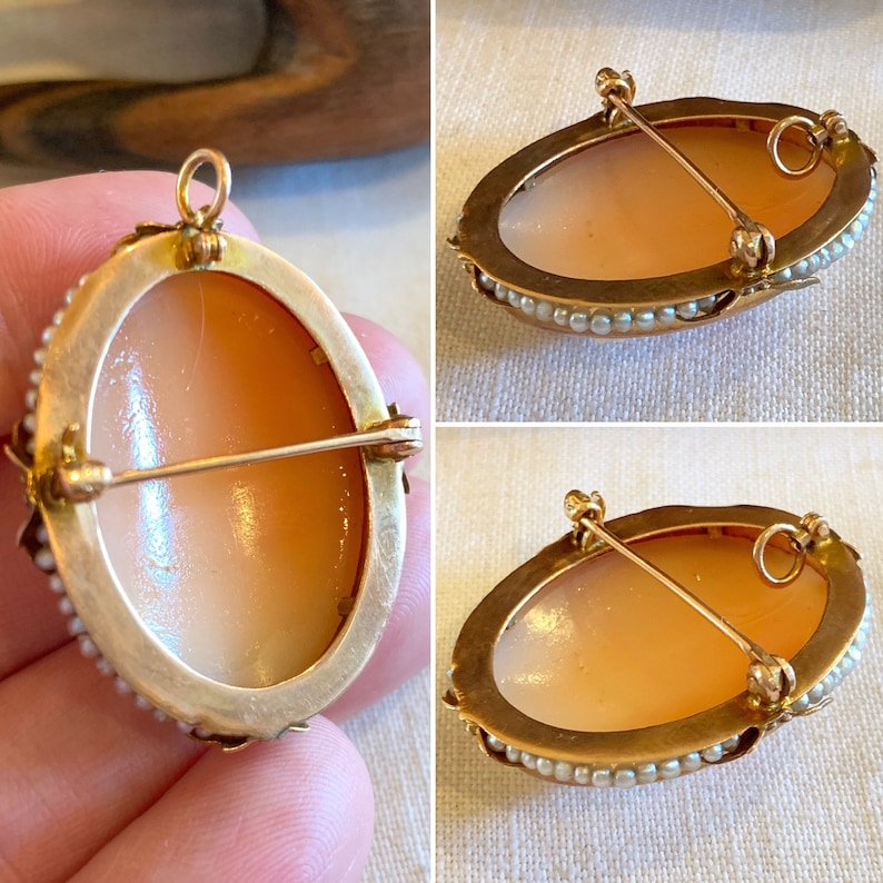 Puede incluir: Un broche de camafeo de oro con un camafeo de concha engastado en un marco de oro y acentuado con perlas. El broche tiene un cierre de pin.