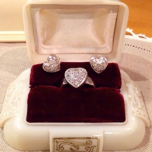 Vintage Sterling Silver Heart Ring & CZ Earrings Set - Size 6