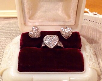 Sterling Silver Puffy Domed Heart Ring & post Earrings Set   Vintage Sterling SU domed CZ heart ring and earrings