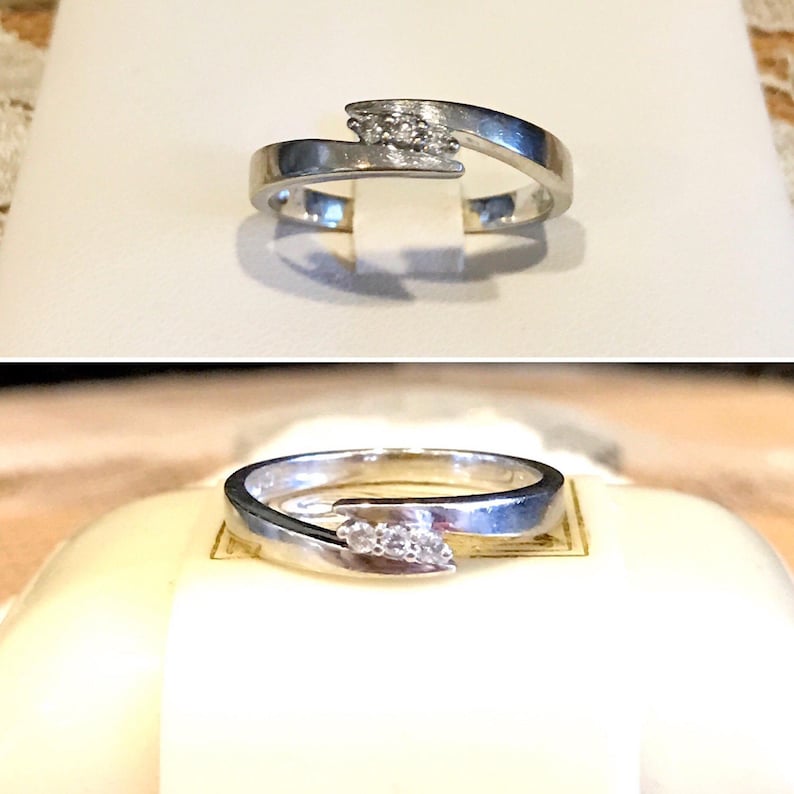 10K White Gold Diamond Trio Crossover Ring 10k White gold 3 round diamond crossover band Modern 10k diamond ring