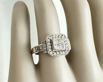 14K White Gold Princess cut Diamond Halo Engagement Ring, 14K Gold Multi Stone Diamond Wedding Ring, 1.08+ CTW