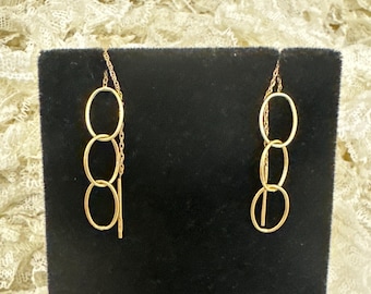 14K Yellow Gold Triple Oval Threader Earrings