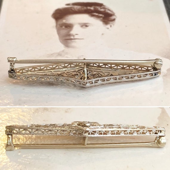 Art Deco Platinum & 14K White gold filigree bar p… - image 3