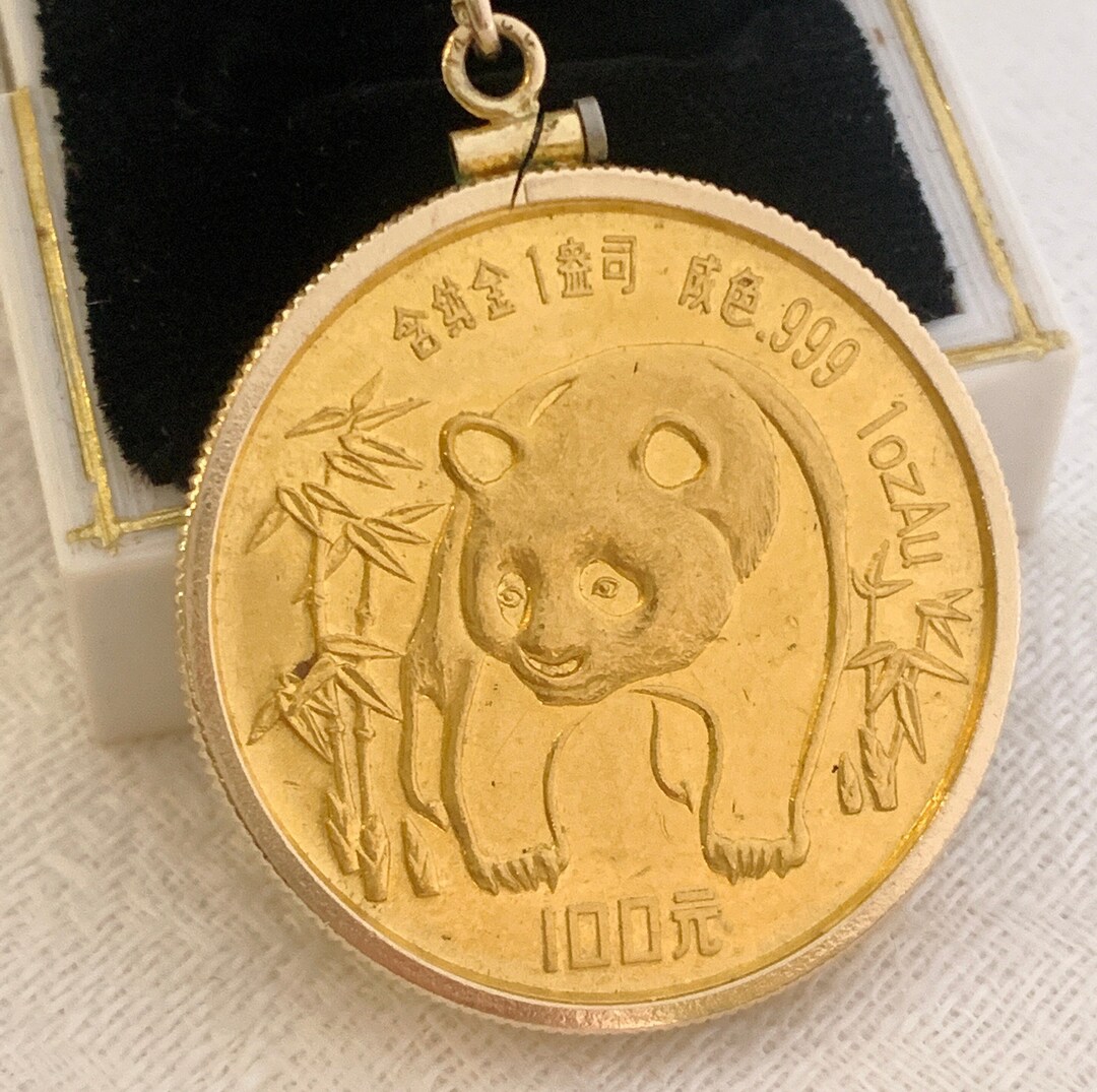 1986 Chinese 1oz 24K Gold Panda Coin in 14k Bezel & 14k Rope Chain