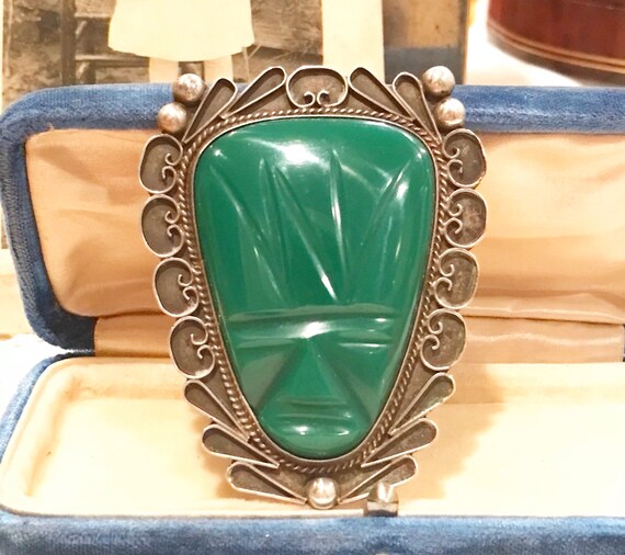 Massive Sterling Silver Carved Green Onyx Aztec M… - image 8