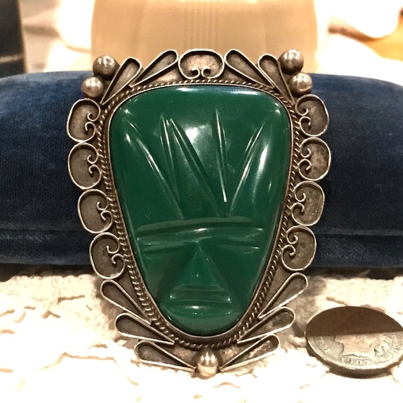 Massive Sterling Silver Carved Green Onyx Aztec M… - image 6