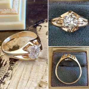 1.50 Ct Old European cut Diamond 10K yellow gold Antique Unisex Solitaire Ring, Victorian 10k Belcher set round Diamond Engagement Ring image 7